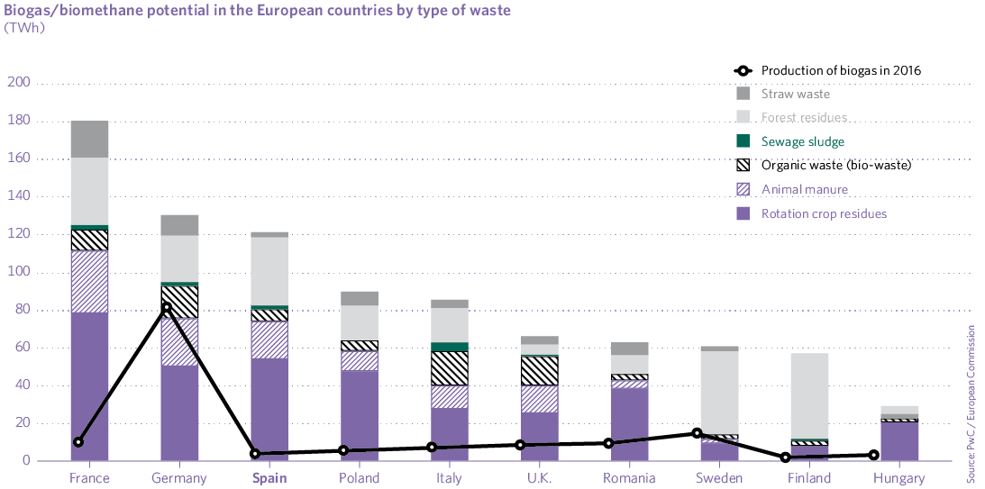 Biogas/biomethane potential in the European countries by type of waste